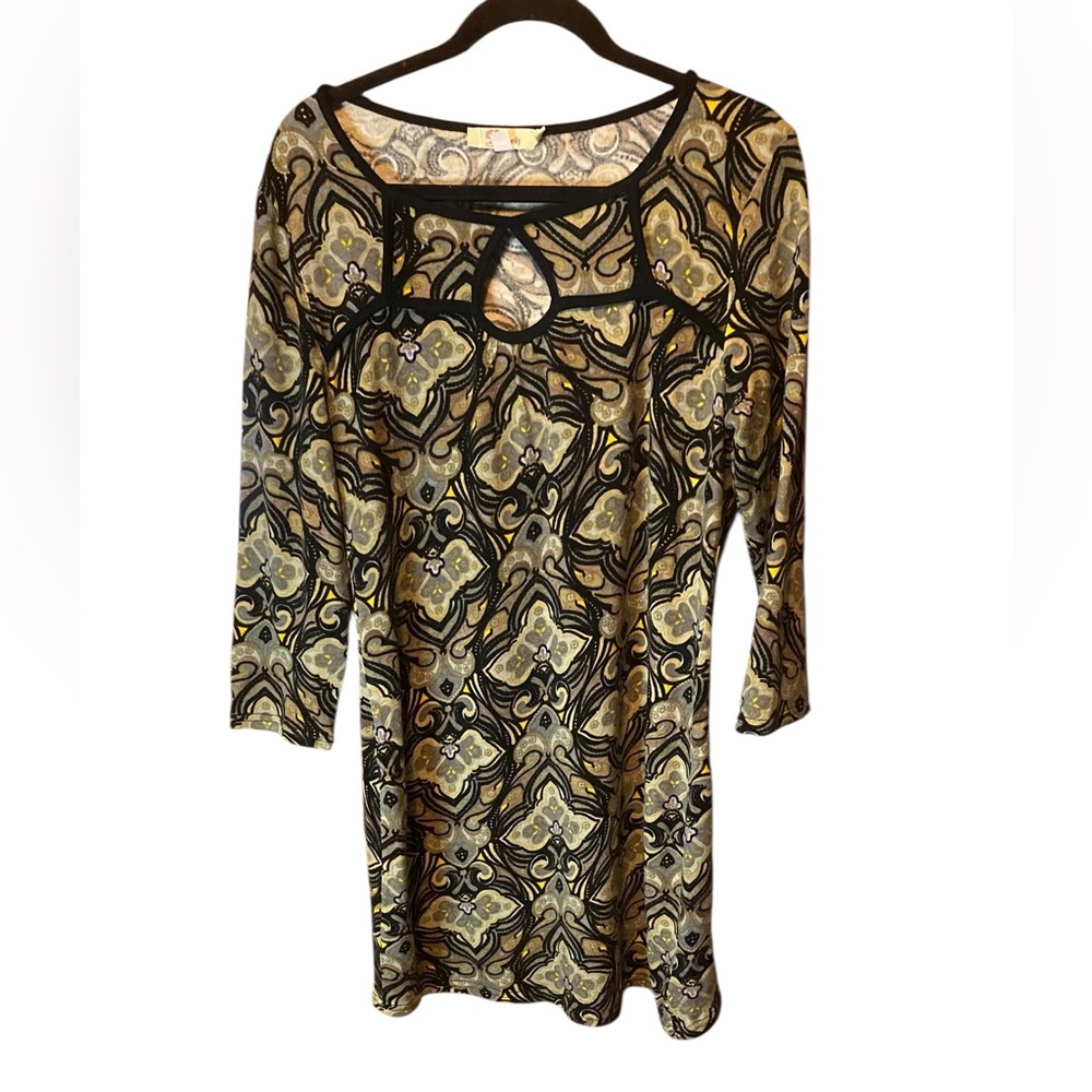Aryeh Boho Geometric Print Dress Size Medium Keyhole Tunic Mod Retro Festival